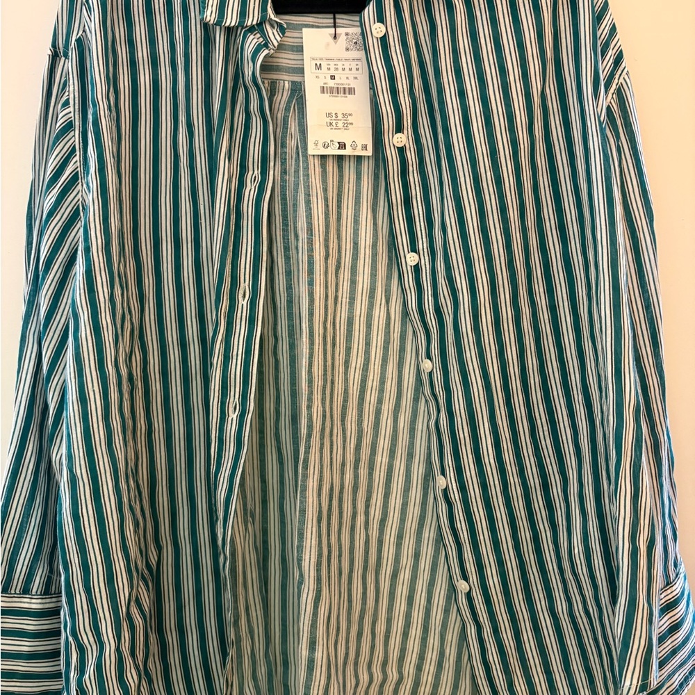 Zara Teal and White Striped Casual Shirt